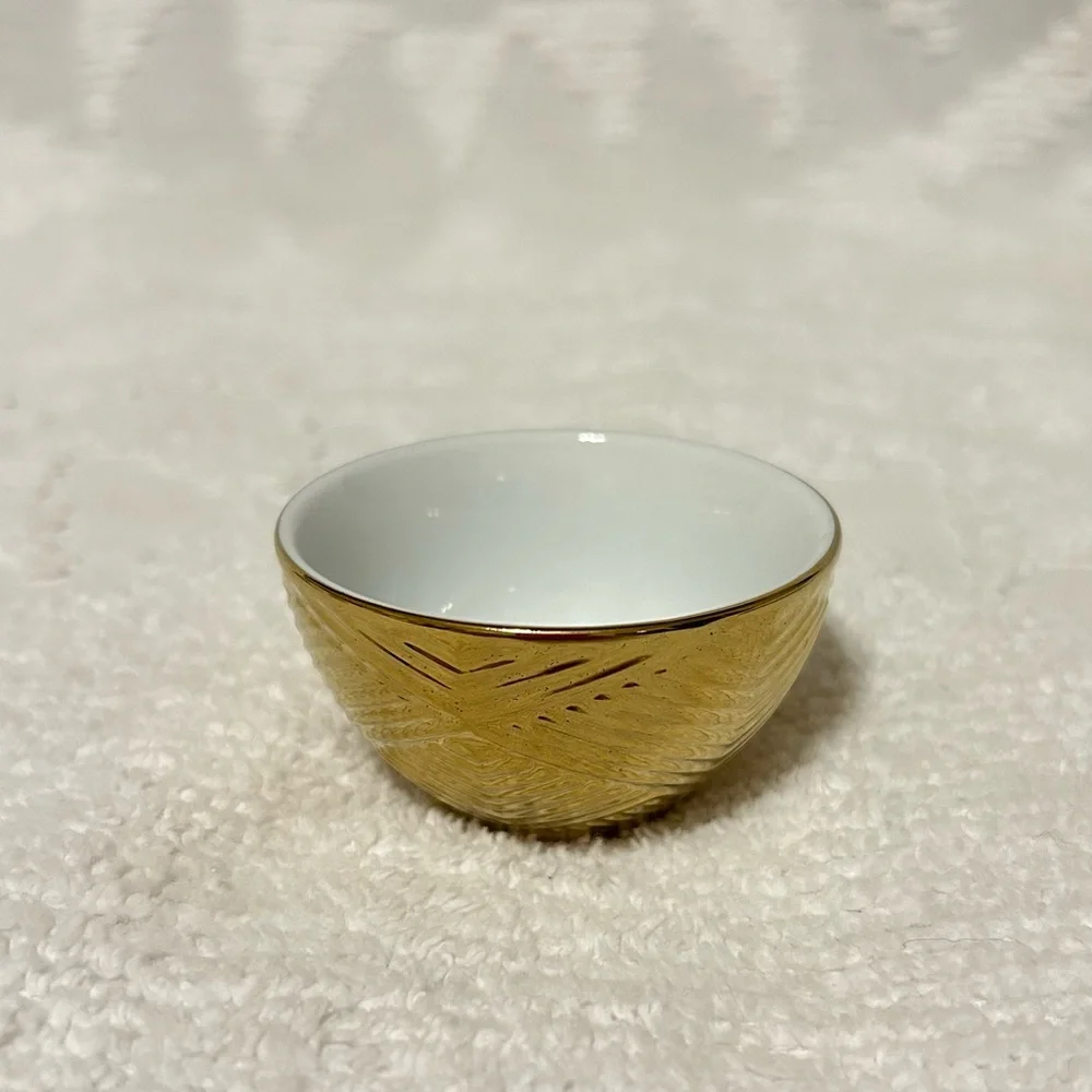 Raised Chevron Design Gold & White Porcelain Mini Dip Bowl or Ring/Jewelry bowl